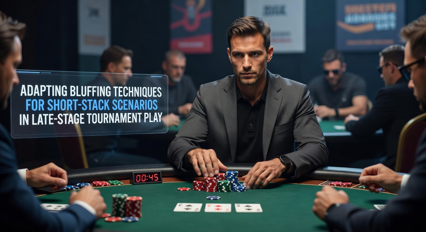 Poker players at a late-stage tournament table with short stacks and intense focus during a high-stakes hand