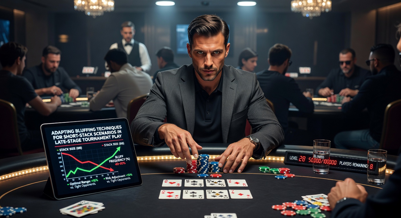 Close-up of poker chips and cards during a short-stack all-in confrontation in a late tournament stage