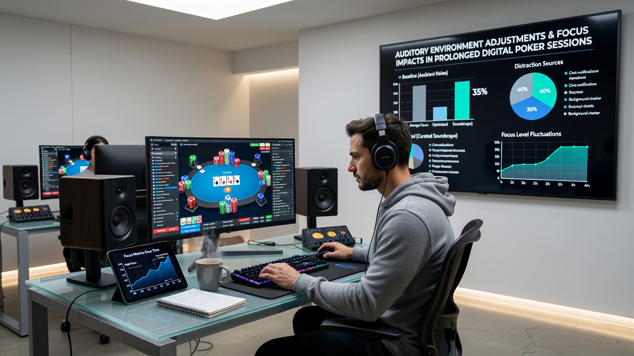 Digital poker player adjusting headphones in a quiet gaming setup