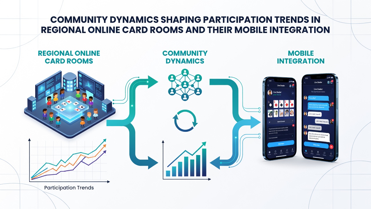 Mobile poker integration showing community chat and regional table features on smartphone screens