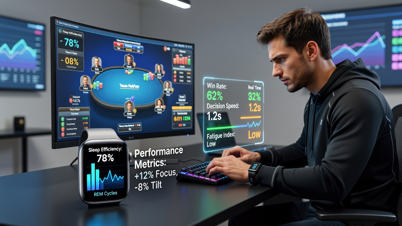 Wearable device displaying sleep metrics alongside a digital poker interface on a laptop screen during an extended online tournament session