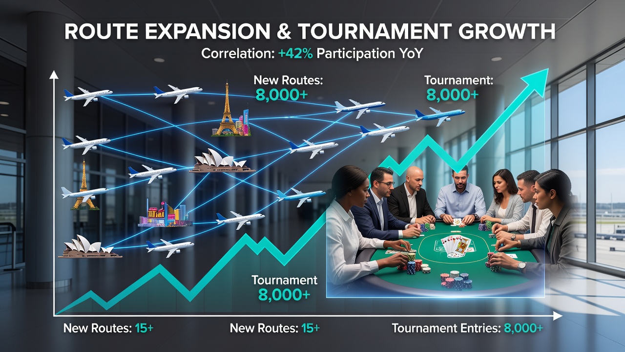 Airline route maps overlaying major poker tournament destinations showing expanded flight connections
