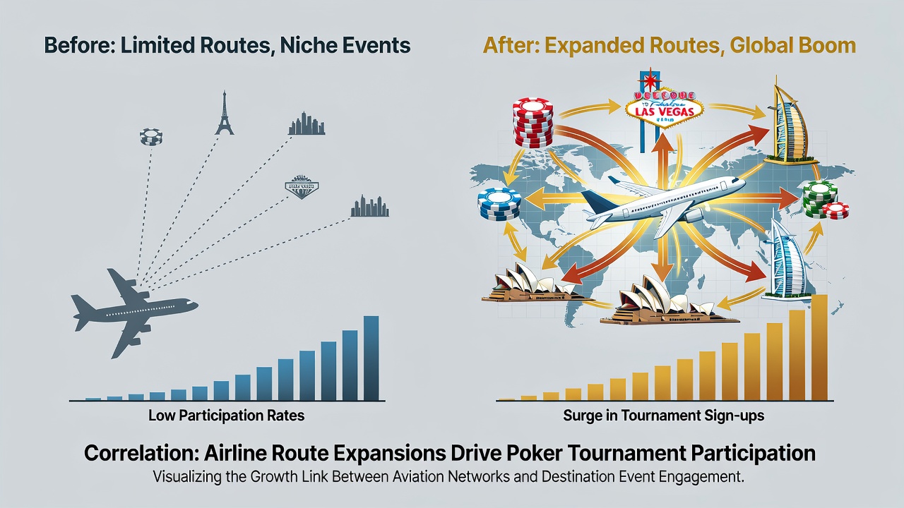 Poker tournament venue with players checking in while airport arrival boards display incoming flights