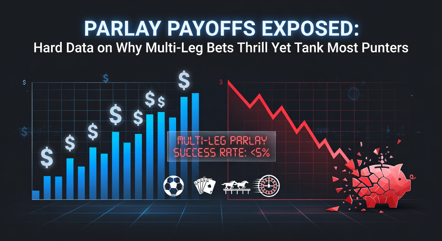 Colorful chart displaying parlay payout multipliers alongside probability drop-offs for multi-leg bets, highlighting the thrill-risk balance in sports wagering