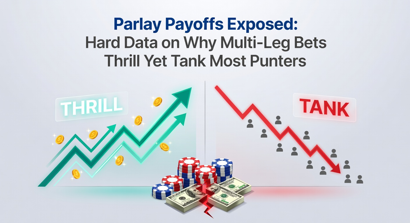 Graph illustrating house edge accumulation in parlays, with bars rising sharply from 2-leg to 10-leg bets, overlaid on real sportsbook payout examples