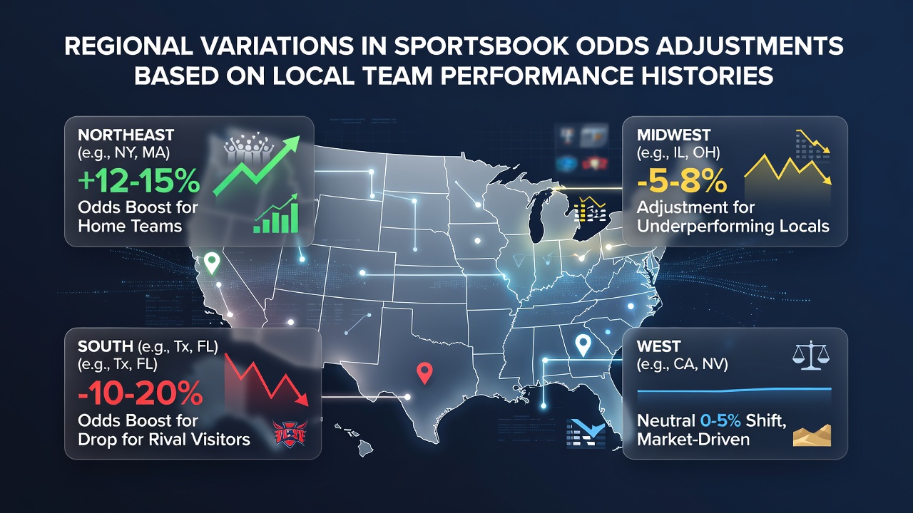 Sportsbook odds boards displaying regional adjustments for local team histories across different markets