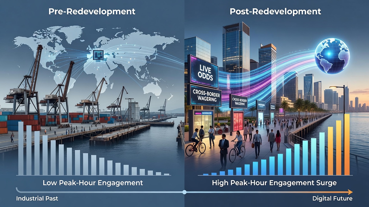 Port city waterfront redevelopment with cranes and new infrastructure alongside digital interfaces